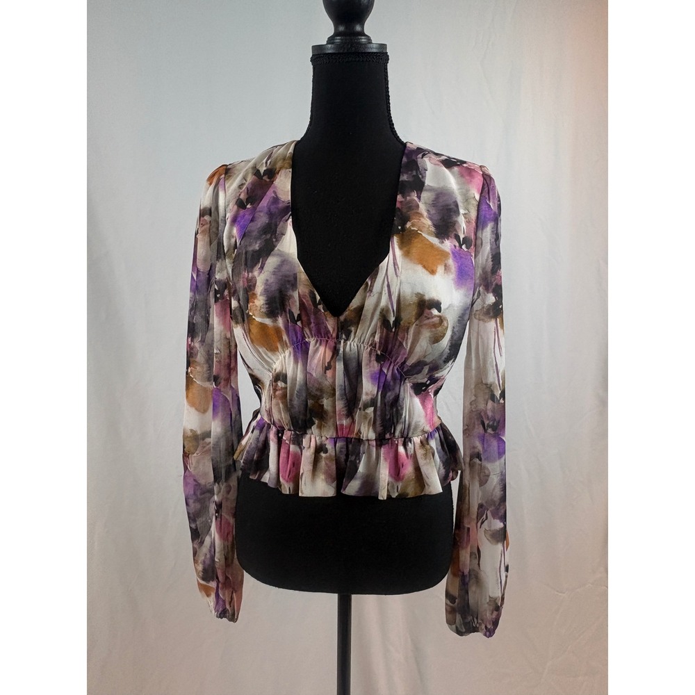 Floral Watercolor Peplum Blouse V-Neck Sheer Long‎ Sleeve Purple Pink Top Small